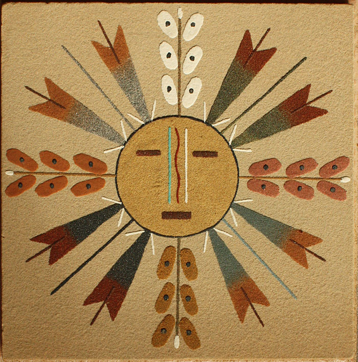 Tableau Navajo représentant le Soleil avec Arc en Ciel et les 4 saisons, réalisé en peinture en sable par l'artiste amérindien M Yazzie