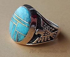 Navajo Indian Native American Sterling silver men's ring, mosaïc turquoise and eagle