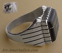 Ray Jack, a Navajo Indian Native American silversmith made this men's ring out of sterling silver and Jet mosaïc inlay