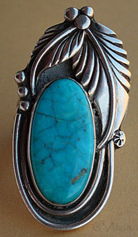 Bague amérindienne, turquoise et symbole ethniques plumes et gouttes, argent massif