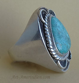 Navajo Indian Native American traditional sterling silver heavy men's ring with turquoise and rope symbol