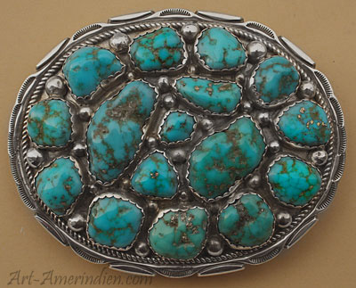 boucle de ceinture américaine, amerindienne Navajo, bijou amérindien Navaho en argent massif avec 16 turquoises serties