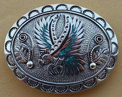 Boucle de ceinture américaine Navajo, aigle en argent incrusté de turquoise et corail, bijou amérindien en argent massif