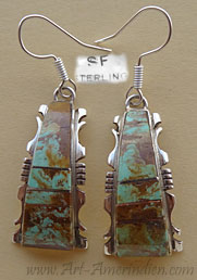 Boucles d'oreilles Navajo en argent et mosaïque de turquoise verte Kingman Mine