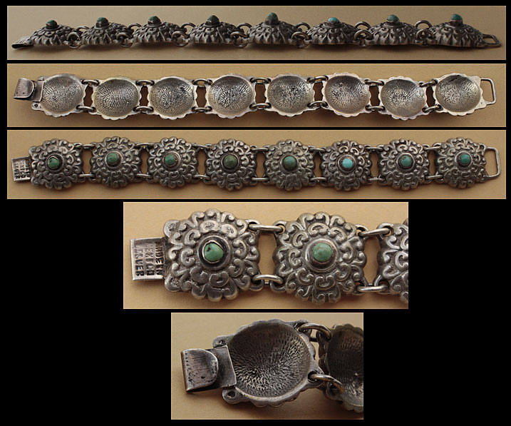 Bracelet articulé ethnique Inca fabriqué à Mexico en argent massif et turquoises