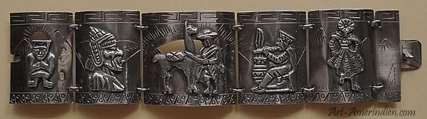 Bracelet péruvien en argent massif, avec symboles Incas et Lamas du Pérou