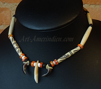 Choker Nvajo, collier ras de cou 1 rang perles en os et dents coyote