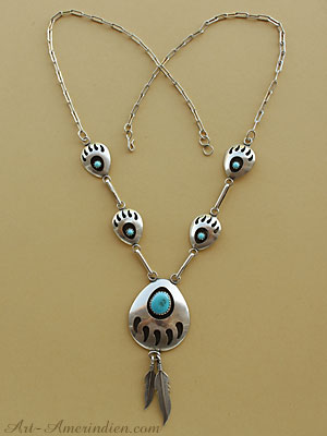 Collier amérindien Navajo, pattes d'ours en argent avec turquoises