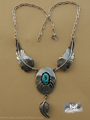 Indian native american Navajo sterling silver necklace, eagle feathers and shadow box turquoise, hallmarked M