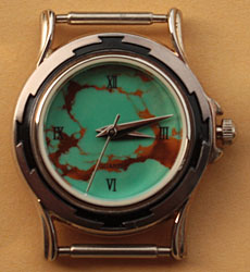 Mouvement, boitier pour montre amérindienne pour femme, navajo, hopi ou zuni, cadran de la montre en turquoise genuine kingman mine.