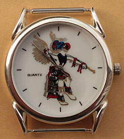 Boitier, mouvement de montre de remplacement pour montre amérindienne Navajo, Hopi, Zuni, cadran de la montre avec un eagle dancer.