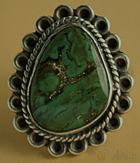 Bague south western mexicaine ancienne, turquoise verte, argent massif