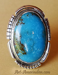 Bague Navajo argent et turquoise bleue ovale, bijou Amérindien signé Silver Ray