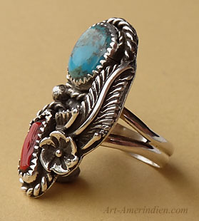 Navajo Indian southwestern ring with turquoise and coral gemms, sterling feather, cactus flower, drops