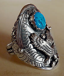 Native American Navajo Eagle and turquoise sterling silver ring size 12 1/4