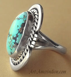 Navajo indian native american sterling silver and turquoise ring, symbols rope and sun