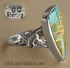 Indian Native American sterling and turquoise stones mosaïc inlay ring with ethnic Kokopelly Indian Symbol