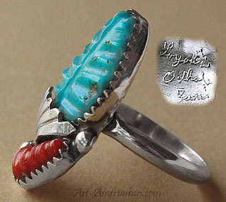 Zuni Indian Native american ring made from sterling silver, engraved turquoise and corail, hallmarked by Zuni artist Loyolita Othole.