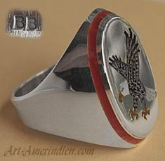 Mosaïc inlay landing eagle men's sterling silver ring