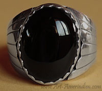 Bague chevalière amérindienne Navajo en argent massif et Onyx, bijou Navajo signé Grace Smith