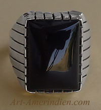 Chevalière Navajo, bague pour homme amérindienne en argent et onyx, flancs striés