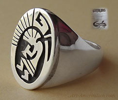 Navajo Calvin Peterson mens ring, sterling silver Kokopelli Dancer Overlay