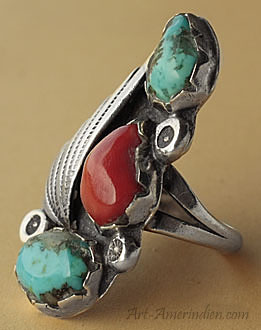 Navajo indian native american sterling silver ring, 2 turquoises, 1 coral, tribal symbols shell, sun, drops