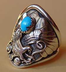 Indian Native American jewelry, sterling silver ring with Landing Eagle, turquoise, shell, drop