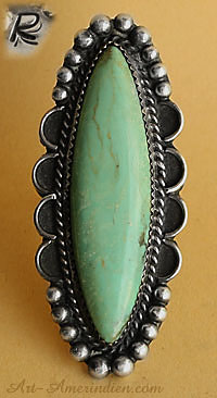Bague ovale Navajo en argent, turquoise verte, bijou ethnique amérindien fabriqué par un indien d'Amerique