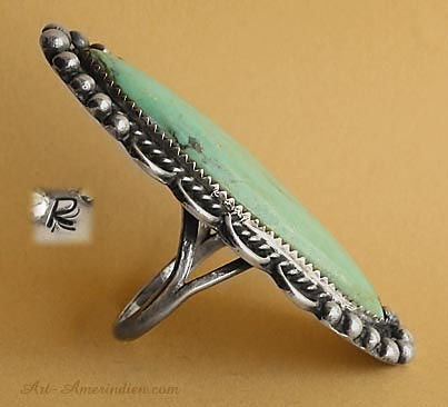 Navajo Indian Native American sterling silver and long green Kingman Mine turquoise ring hallmarked R