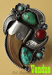 Bague longue Navajo 4 turquoises et corail, griffe de coyote, bijou amérindien ancien en argent