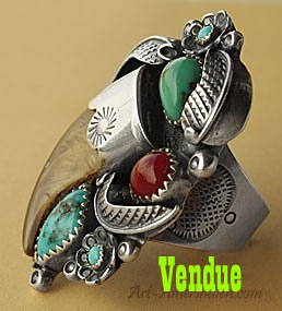 Navajo Native american tribal ring, sterling, coyote claw, turquoises and coral gemm