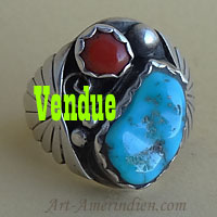 Chevalière amérindienne tribale Navajo, bijou tribal amérindien, bague pour homme en argent, turquoise, corail.