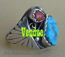 Navajo Indian Native American ethnic or tribal men's ring made out of sterling silver, turquoise, corail