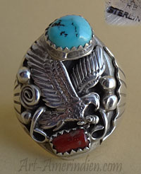 Bijou Amérindien pour homme, chevalière tribale Navajo en argent, turquoise et corail