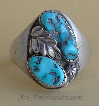 Bague Navajo pour homme, chevalière amérindienne en argent avec 2 turquoises et une plume d'aigle en argent