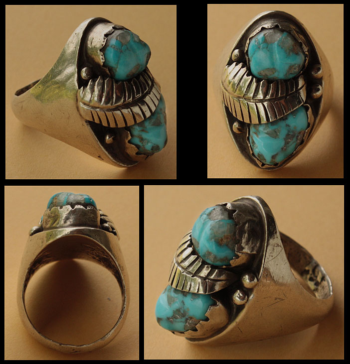 Chevalière amérindienne Navajo argent et 2 turquoises