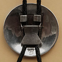 Hopi Indian Native American sterling silver man in maze overlay bolo tie, made by Hopi artist Roger Selina