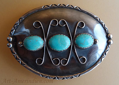 Boucle de ceinture Navajo en argent avec 3 turquoises, bijou amérindien signé AG