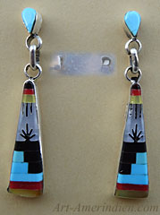 Boucles d'oreilles amérindiennes Zuni en mosaïque de turquoise, nacre, signées Jayson Babely