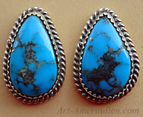 Boucles d'oreilles Amérindiennes Navajo en argent et turquoise bleue foncée