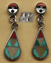 Boucles d'oreilles amérindiennes Zuni en mosaïque de turquoise, nacre, corail, bijou amérindien ancien en argent