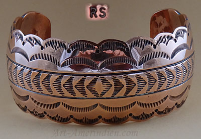Bracelet large en cuivre, bijou ethnique Navajo signé