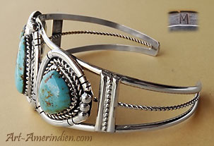 Bracelet amérindien Navajo, bijou en argent avec 3 turquoises