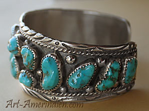 Native American Indian jewelry, this navajo sterling silver bracelet with many turquoises is hallmarked PBY