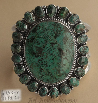 Bracelet amérindien Navajo large, en argent massif et turquoises, bijou ethnique signé Shakey, indien d'amérique Navajo