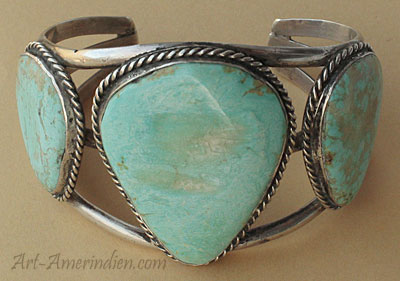 Bracelet amérindien Navajo 3 turquoises, symbole ethnique amérindien corde, bijou tribal en argent sterling massif