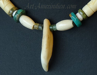 Indian ethnic tribal choker necklace, 1 row bone and corn beads, turquoise beads, coyote tooth
