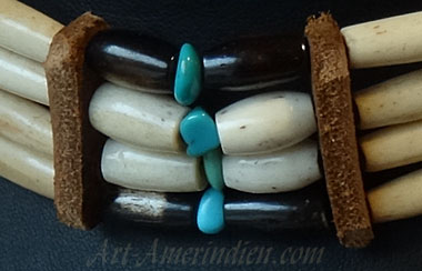 Indian ethnic tribal choker necklace, 4 rows of bone beads, turquoise beads, stone beads and rondels