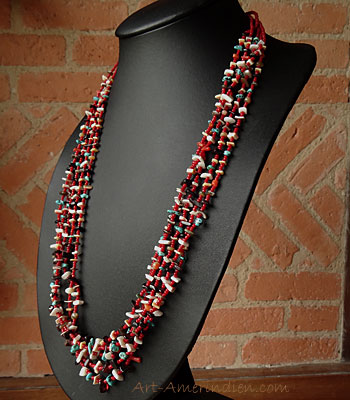 Collier amérindien tribal Santo Domingo, 5 rangs de perles en corail, turquoises, améthystes, Onyx, coquillage